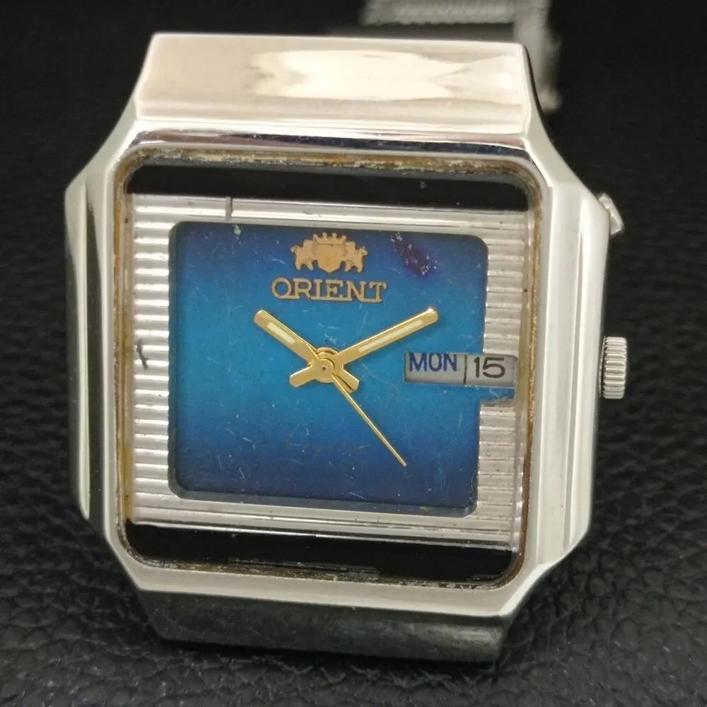 Vintage 1990 Square Orient Automatic Mens Silver Watch W/daydate & Blue accents
